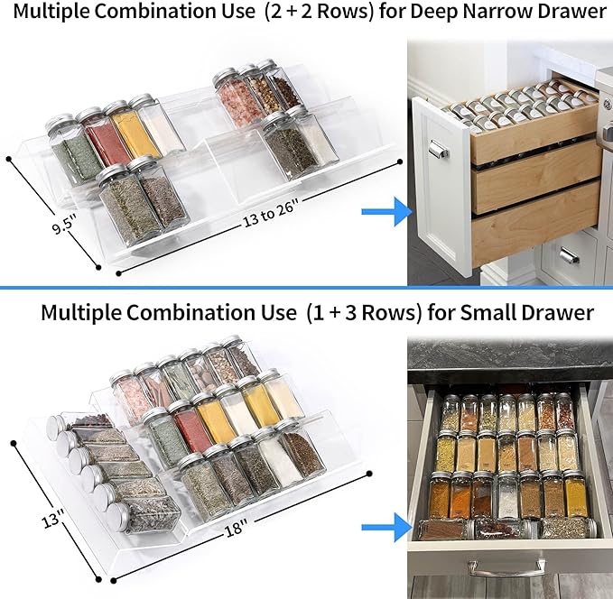 MIUKAA Clear Acrylic Spice Drawer Organizer, 4 Tier- 2 Set Expandable From 13" to 26" Drawer Seasoning Organizer
