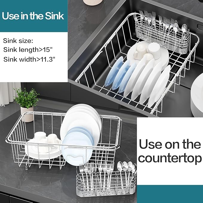 Large Dish Drying Rack in Sink Expandable, Adjustable 304 Stainless Steel Metal Dish Drainer Rack Organizer with Stainless Steel Utensil Holder Over Inside Sink Counter, Rustproof