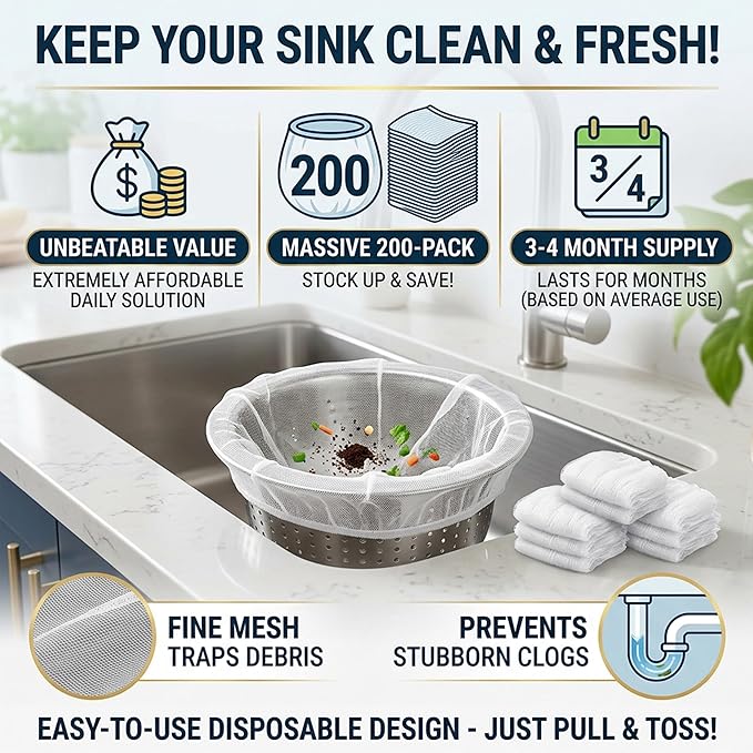 200 PCS Kitchen Disposable Sink Strainer Mesh Bag, Anti-Clogging Essentials Sink Filter Nets Drain Nets for Kitchen Sink All Drain Sinks Scalability