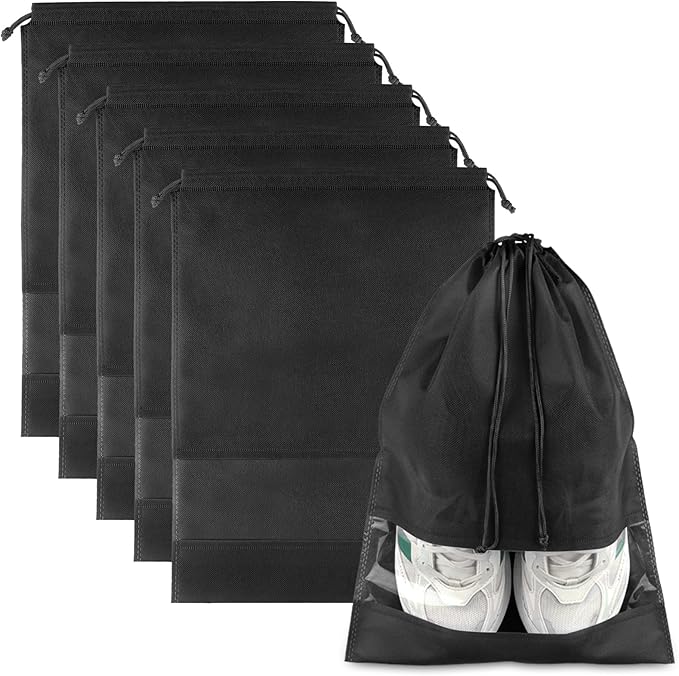 Large Black Travel Shoe Bags, 5 Pcs with Clear Window, Non-Woven Drawstring