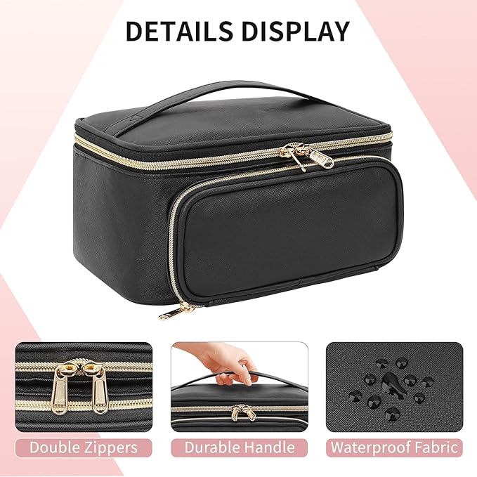 OCHEAL Makeup Bag, Multifunctional Make Up Bags with Zipper Pouch Large Compact Makeup Bag Organizer for Women Girls Cosmetics Toiletry Brushes Storage Makeup Case with Handle Divider-Black