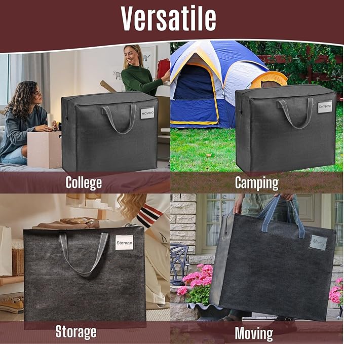 VENO 4 Pack Heavy Duty Moving Bags, Storage Bags, Packing Supplies, Top Zipper, Storage Totes for Camping, Clothes, Bedding, Comforters, Pillows (22 Gallon Dark Gray, 4 Pack)