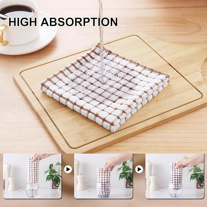 Kitinjoy Cotton 16 Pack Kitchen Towels and Dishcloths Sets, 16 x 25 Inch & 12 X 12 Inch Dish Towels Bulk, Super Soft and Absorbent Hand Towels for Kitchen Drying, Brown