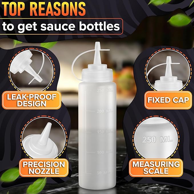 10-Pack Plastic Condiment Squeeze Bottles 8 oz – Refillable Leak-Resistant Squirt Bottles with Narrow Tip | Great for Oil, Sauces, Ketchup, Mayonnaise, Syrup, Dressing, BBQ, & Pantry Organization