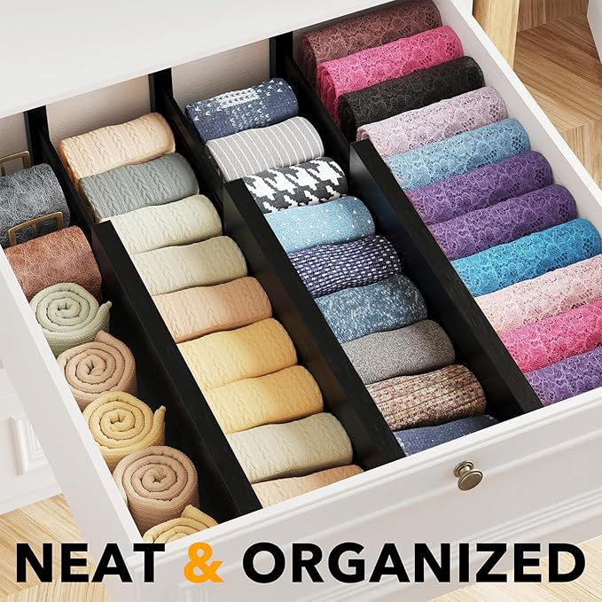 SpaceAid Bamboo Dresser Drawer Dividers 6 Pack, 4.65“ High Adjustable 12.5“-17” Drawer Organizers, Expandable Organization for Clothing, Clothes