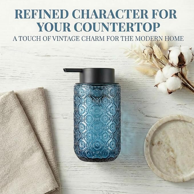 Blue Glass Foaming Hand Soap Dispenser with Matte Black Pump Thick Embossed Bottle Refillable for Bathroom and Kitchen Decor 13.5 oz