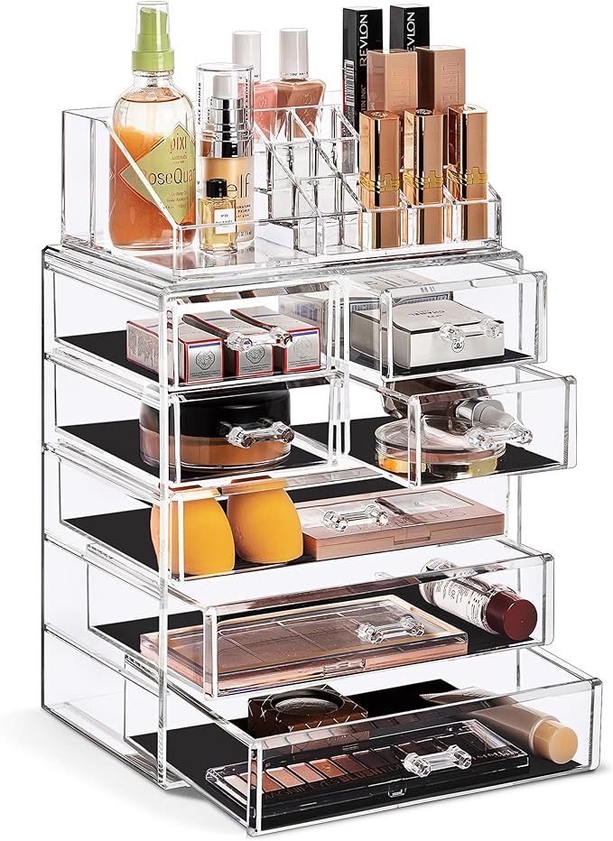 Sorbus Acrylic Makeup Organizer Set, 7-Drawer Vanity & Countertop Cosmetic Storage with Small & Wide Compartments, CLear Makeup Storage for Brushes