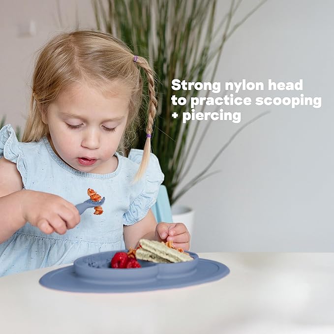 ezpz Mini Utensils - 12 Months+ (Fork & Spoon in Pewter) - 100% BPA Free Fork and Spoon - Toddler Utensils - Designed by a Pediatric Feeding Specialist