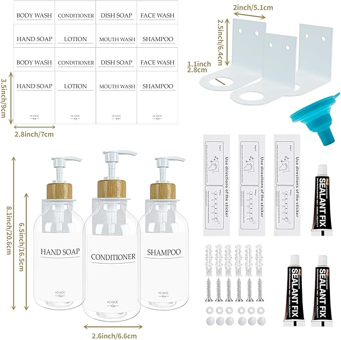 Shampoo Dispenser for Shower Wall, Shampoo and Conditioner Dispenser with 16 Waterproof Labels, No Drill Shower Soap Dispenser Bathroom, Shower Soap Dispenser Wall Mounted,17oz, 3 Pack, Clear