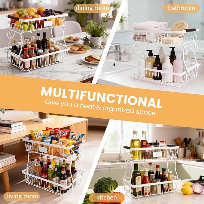 2-Tier Stackable Wire Basket with 2 Banana Hooks, Pantry Organizer for Kitchen Countertops, Cabinets & Under-Sink Spaces; Ideal for Storing Snacks, Fruits, Veggies, Onions, Potatoes, & More，White