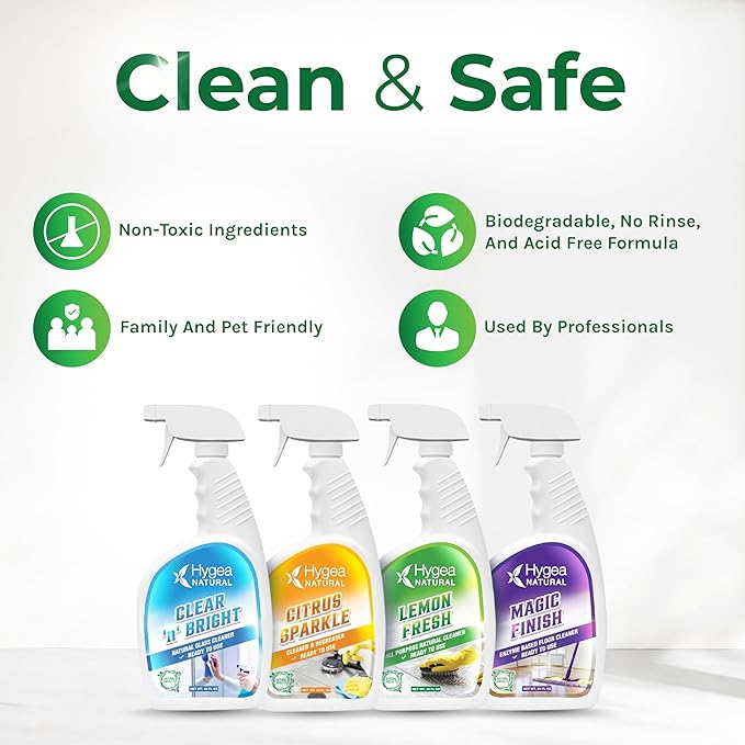 Hygea Natural Cleaning Supplies Kit All Purpose Cleaners, Citrus Degreaser, Floor and Tile Cleaner, Window, Glass and Mirror Cleaner- No Harsh Chemicals, Family safe - 4 Pack 24 oz Sprays