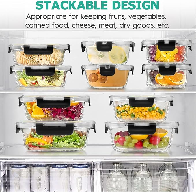 34pcs Glass Food Storage Containers with Lids Set, Airtight Glass Meal Prep Containers (17 Containers & 17 Lids), Leak Proof Lunch Container BPA-Free, Microwave, Oven, Freezer, Dishwasher Safe-Black