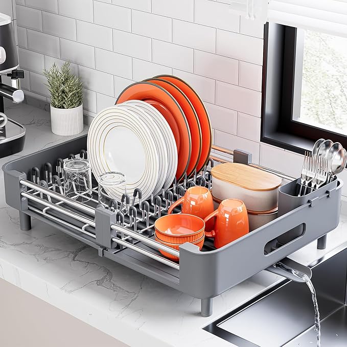 Urackify Stainless Steel Dish Drying Rack - Dish Drainer for Kitchen Counter, Extendable Drainboard with Foldable, Space-Saving Cup & Bowl Organizer, Includes Knife and Utensil Holder, Gray