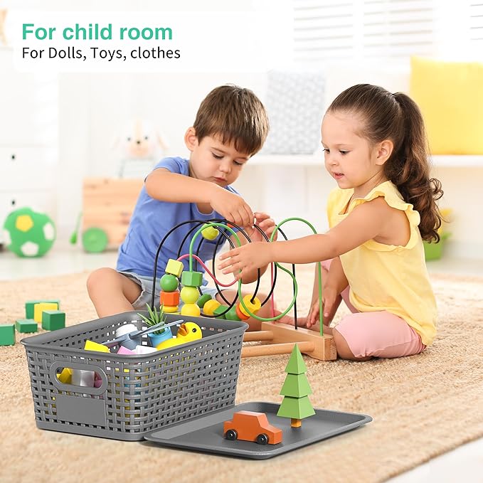 8-Pack Grey Plastic Storage Baskets with Lids, Label Organizers