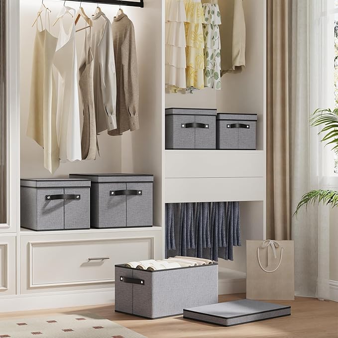 Storage Boxes, 7.1 x 9.1 x 13 Inch Closet Organizers for Shelves Bedroom Office with Handles, Storage Bins with Lids, Gray, 3-Pack