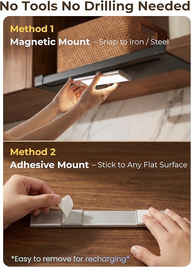 9 inch Under Cabinet Lighting, Cordless USB Rechargeable Motion Sensor Closet Light Indoor, Magnetic Adhesive LED Lights, Peel and Stick Light Bar for Counter, Shelf, Stairs, Pantry (2 Pack)