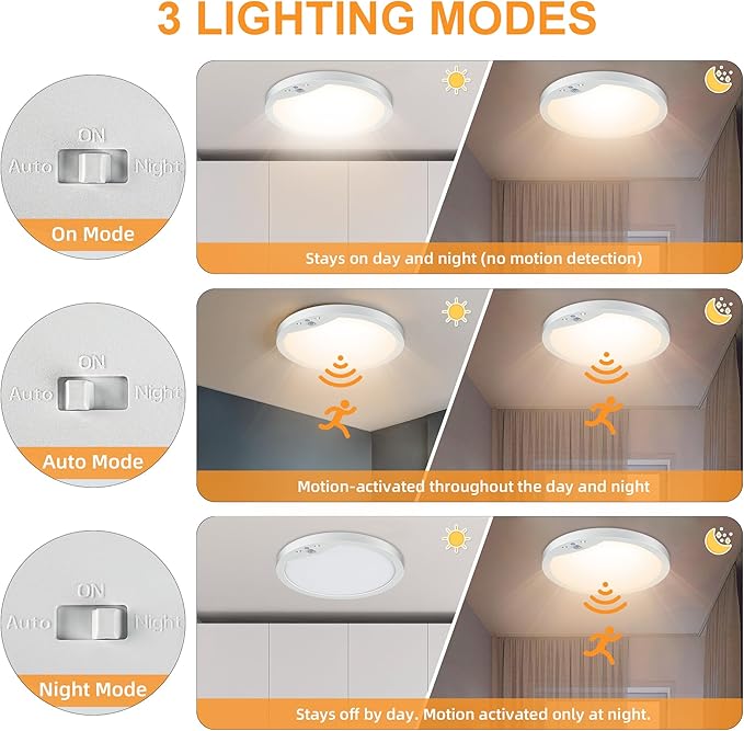 2-Pack Motion Sensor Ceiling Lights Hard-Wired, 9Inch Indoor Motion Activated LED Ceiling Light Fixtures with 3 Modes, Flush Mount Lights for Closet Stairwell Hallway, NOT Battery Operated, 3000K