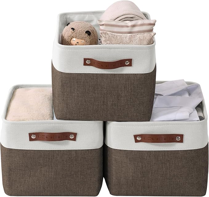 Storage Bins, Large Fabric Storage Baskets for Shelves, Brown & White, 3 Pack