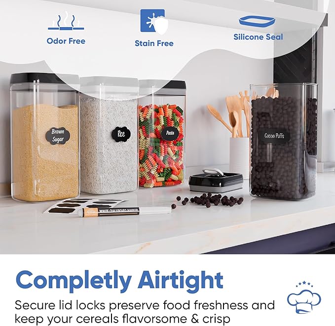 Chef's Path Airtight Food Storage Boxes with Labels - Kitchen Storage - Flour, Cereal, Pasta - Plastic Storage Boxes with Lids (4pcs-3.2L)