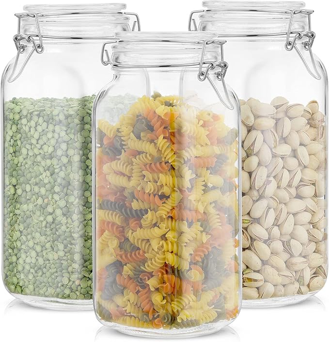 JoyJolt Airtight Glass Jars with Lids Set of 3. 78oz Glass Jar with Lid and 6 Silicone Seals! Large Glass Food Storage Containers. Square Mason Jar