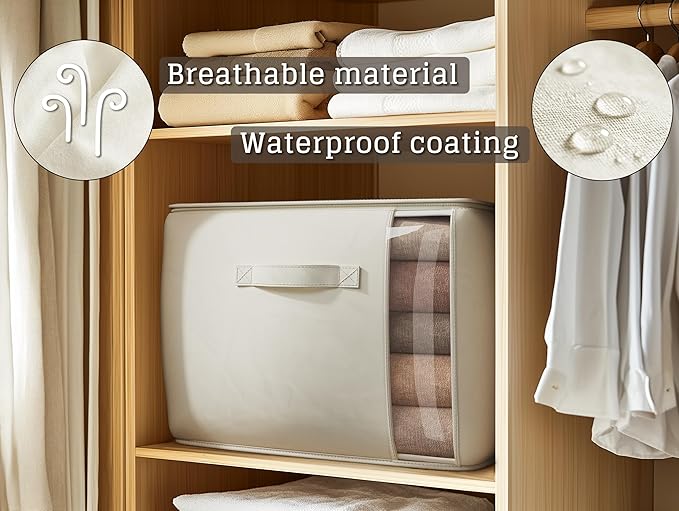 Large Canvas Clothes Storage Bags with Thick Handles and Clear Window, Foldable Cotton Linen Closet Organizer for Clothing, Blankets and Bedding, 70L