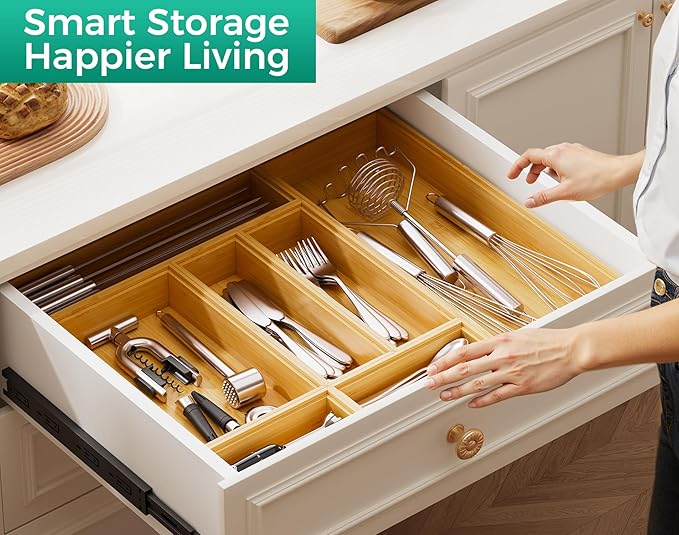 Bamboo Kitchen Drawer Organizer Boxes – 12" x 6" Stackable Wood Silverware Utensil Tray for Drawers Bins, Cutlery & Flatware Storage