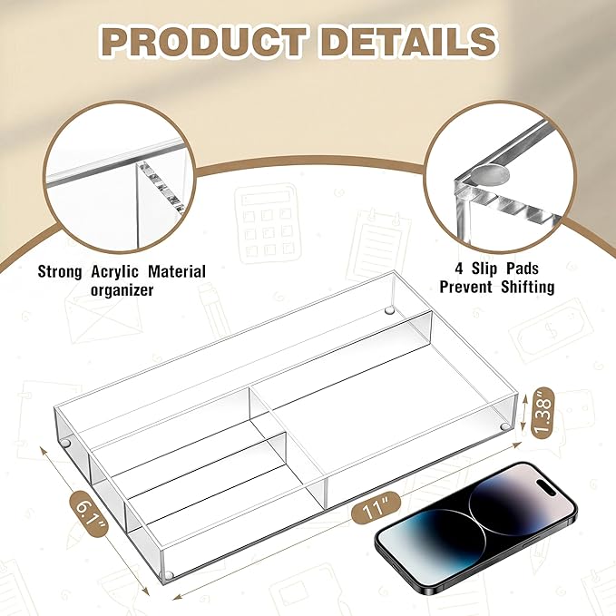 Acrylic Desk Drawer Organizer 11 x 6.1 x 1.38 Inch Storage Tray Organizer
