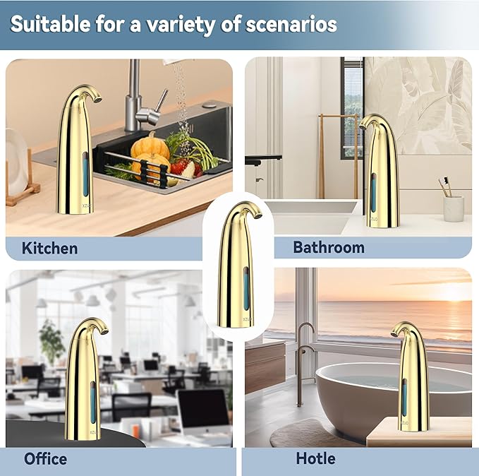 Automatic Soap Dispenser with Infrared Sensor - Adjustable 4-Level Touchless Hand Soap for Kitchen, Bathroom - Battery Operated Electric Dispenser, Durable Plastic, Smart Soap Holder (Battery Gold)