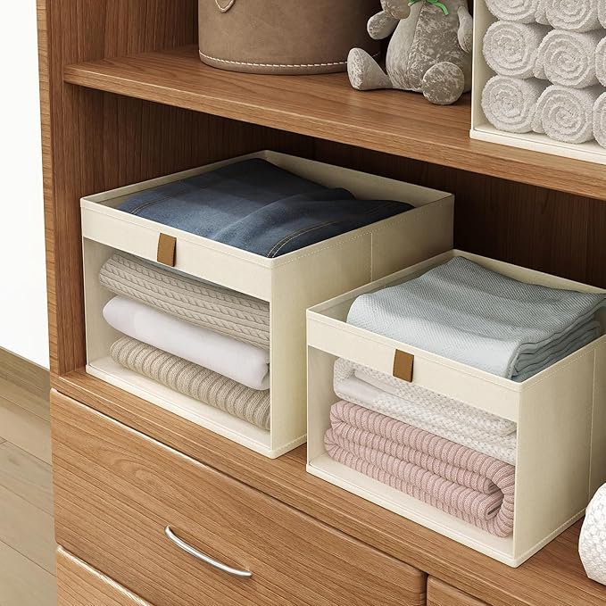 Linen Closet Organizers and Storage, Closet Storage Bins Basket Organizer, Foldable Organization Baskets with Mesh Window for Clothes Towels and Toys, 10.75" x 10.75" x 7.5", Beige, 6 pack