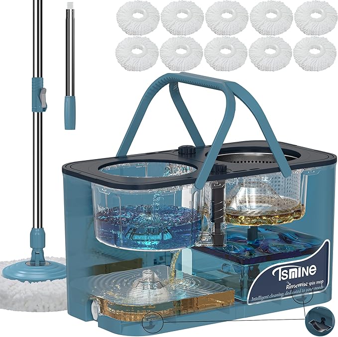Gen 1 Large-Capacity Spin Mop and Bucket – for Big Homes & Deep Cleaning Days,4-Chamber System Separates Dirty & Clean Water, 2-GAL Heavy-Duty Design with Wheels & 10 Refill Mop Heads - Blue/Grey