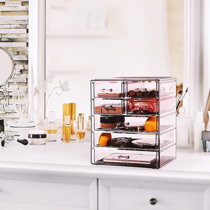 Sorbus Acrylic Makeup Organizer Set, 7-Drawer Vanity & Countertop Cosmetic Storage with Small & Wide Drawers, Purple Makeup Storage for Brushes