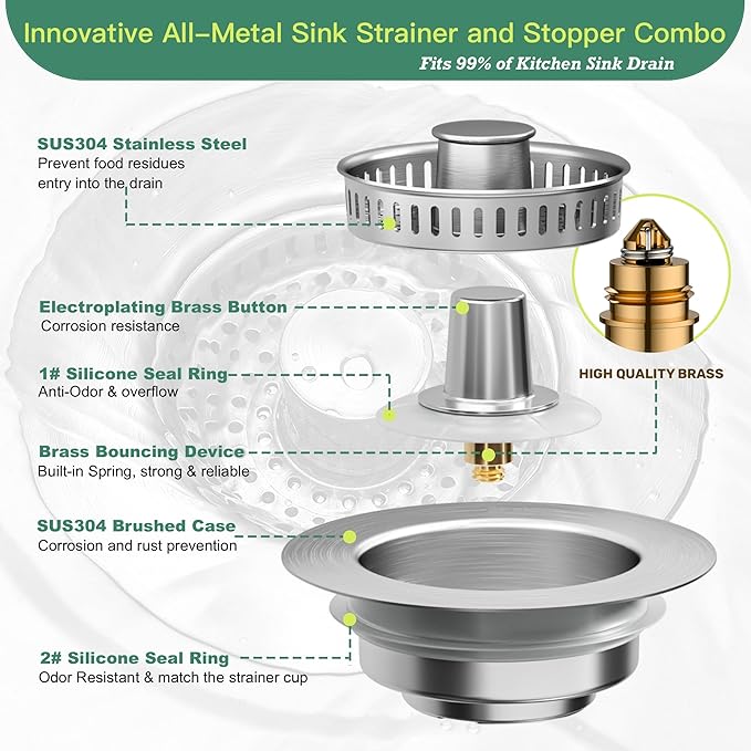 Kitchen Sink Drain Strainer 3 in 1, 304 Stainless Steel Pop Up Sink Stopper, Anti-Clogging Sink Stopper, Kitchen Drain Catcher