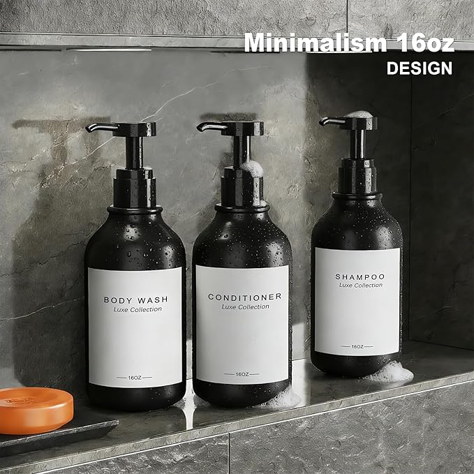 Refillable Shampoo and Conditioner Dispenser Set of 3 - Wall Mounted No Drill Pump with Bottles, 3 Chamber for Shower Soap and Body Wash Dispenser with Labels, Matte Black Bottle for Bathroom (16oz)