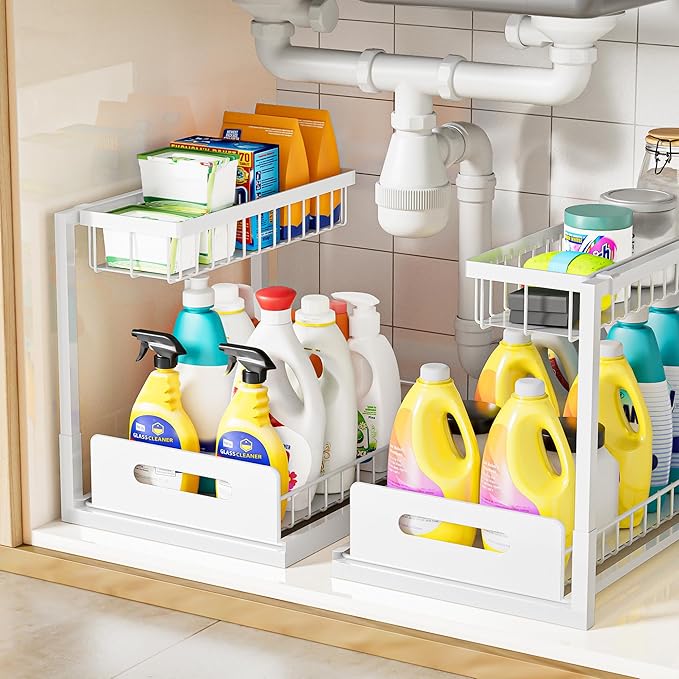 VUSIGN Under Kitchen Sink Organizer 2 Tier, Pull Out Bathroom Sink Organizers and Storage, Cabinet Kitchen Bathroom Storage Organization Shelf, 2 Pack White