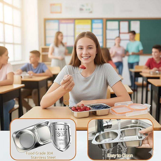 Stainless Steel Bento Lunch Box 3 Pack – Leak Proof 2 Compartment Lunch Containers, Meal Prep & Portion Control, BPA Free, Dishwasher Safe for Work & Office (Orange)