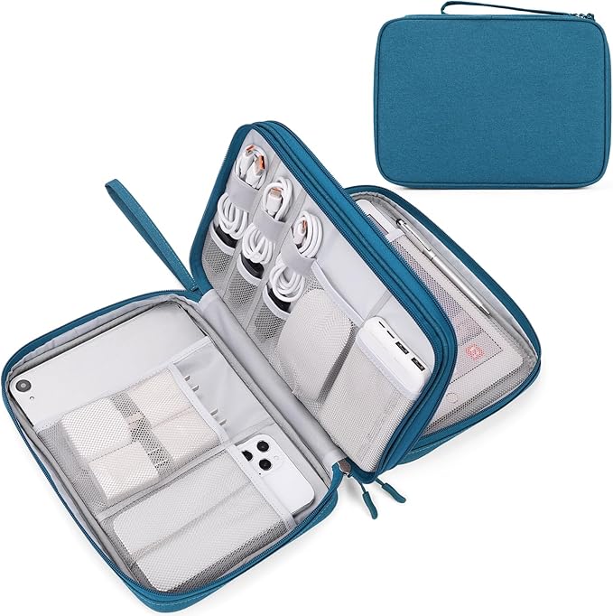 FYY Electronic Organizer, Extra Large Travel Cable Organizer Bag Pouch Portable Waterproof Double Layers All-in-One Storage Bag for iPad, Cable, Power Bank, Laptop Charger for Office/Home, Dark Green