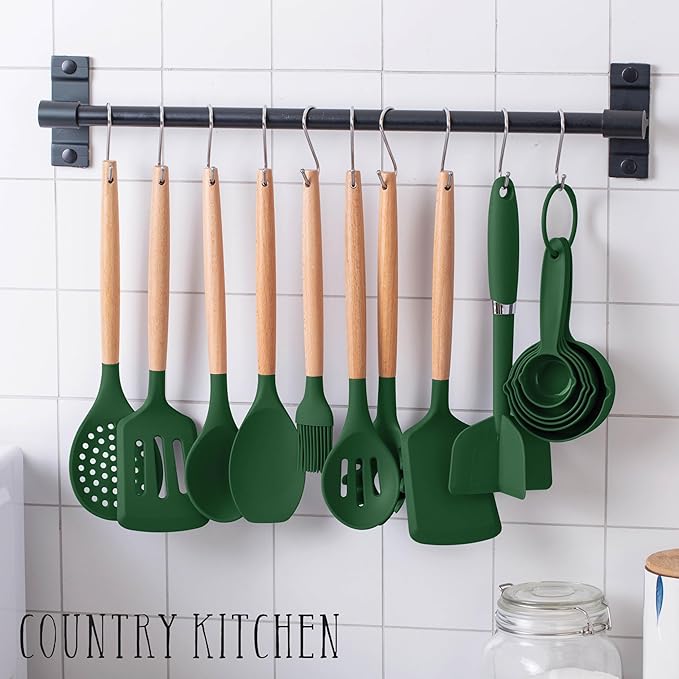 Country Kitchen Non Stick Silicone Utensil Set with Rounded Wood Handles for Cooking and Baking, 38 Piece Set, Green