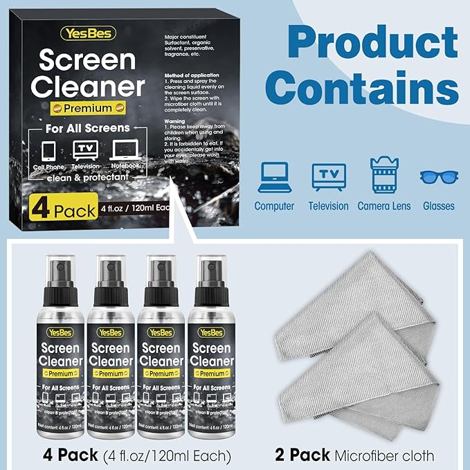 Screen Cleaner Spray 16oz (4oz x 4 Pack) - TV Screen Cleaner Spray and 2 Microfiber Cloths, Computer Screen Cleaner & Car Screen Cleaner for TV