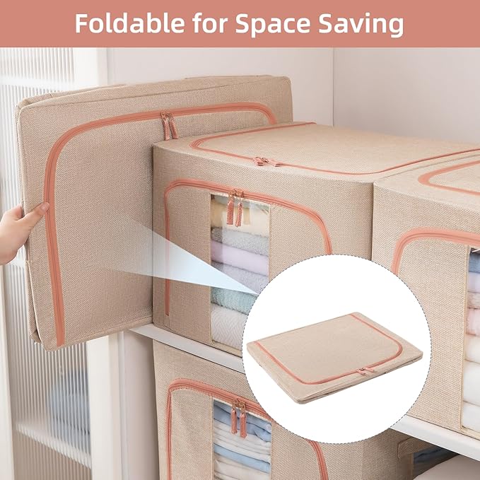 GuliPostan 100L Stackable Clothes Storage Bins with Metal Frame Handles & Zipper, Collapsible Closet Organizer Box with Lid for Bedding Blankets Towel (Beige,1 pack)