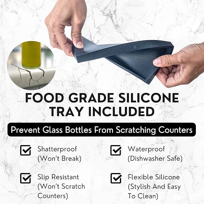 Verspace - Clear Glass Olive Oil Dispenser Bottles For Kitchen With Silicone Tray & 40 Labels, Soy Sauce Dispenser, Coffee Syrup Dispenser, Olive Oil Bottles Set Of 2, Black