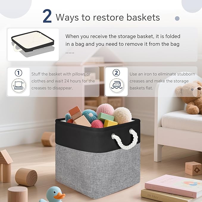 FinishingBo Fabric Cubes Storage Basket, 6 Pack 11x11 in with Handles Cube Storage Bins, for Shelves, Home, Office Organizers (Black/ Gray)
