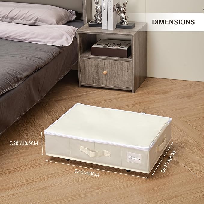 Vincona Under Bed Storage with Wheels, Rolling Under Bed Storage Containers with Label Holders for Clothes, Shoes and Blankets, Underbed Storage Organizer with Cover, 2 Pack Beige (23.6x15.7x7.28 in)