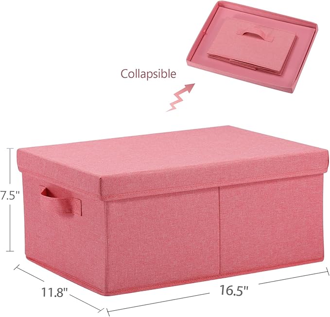 Linen Foldable Storage Bins with Lids, 2 Pack, Pink