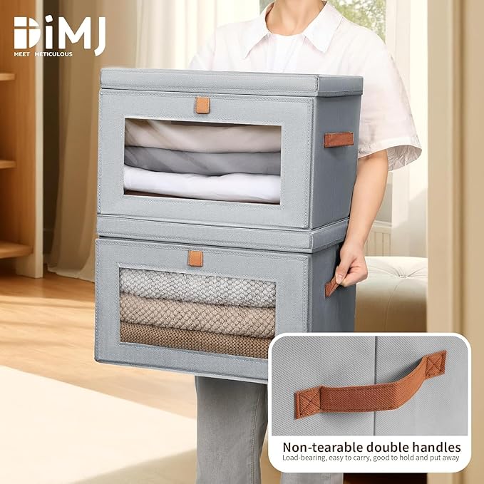 DIMJ Storage Bins with Lids - 5 Pack Large Fabric Closet Organizer with Window & Handles, Collapsible Decorative Storage Boxes for Shelves Under Bed