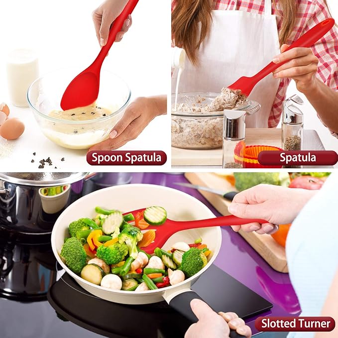 P&P CHEF Silicone Cooking Utensils Set of 7, Heat-proof Kitchen Utensils Set for Nonstick Cookware, Non-stick Spatula, Slotted Turner, Soup Ladle, Pasta Server, Spoon for Cooking Serving - Red