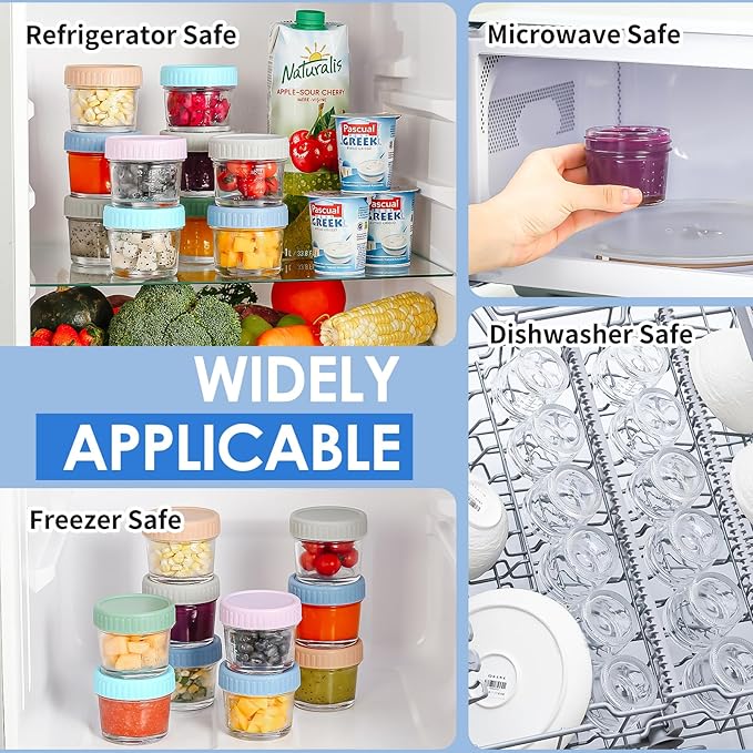 DRKIO 6 Pack Glass Baby Food Storage Containers - 4 Oz Baby Food Jars with Lids Baby Food Maker Microwave Dishwasher Freezer Safe 100% Leak Proof BPA Free Reusable