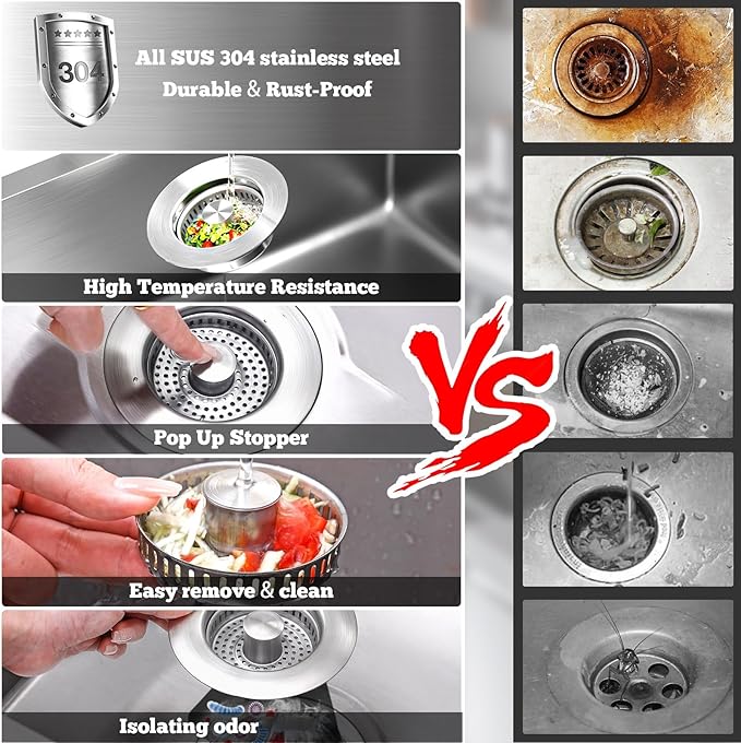Brushed Stainless Steel Sink Strainer - 3-1/2" Drain Stopper