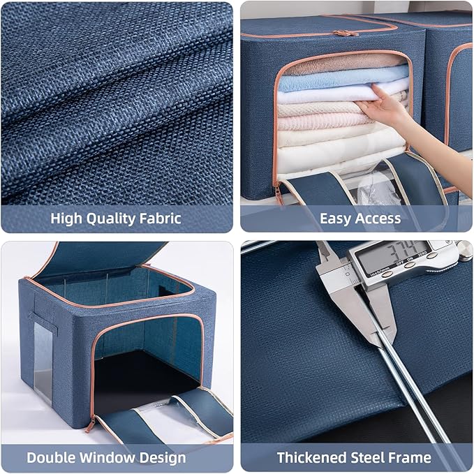 GuliPostan 3 Pack 66L Stackable Clothes Storage Bins with Metal Frame Handles & Zipper, Collapsible Closet Organizer Box with Lid for Bedding Blankets Towel (Navy)