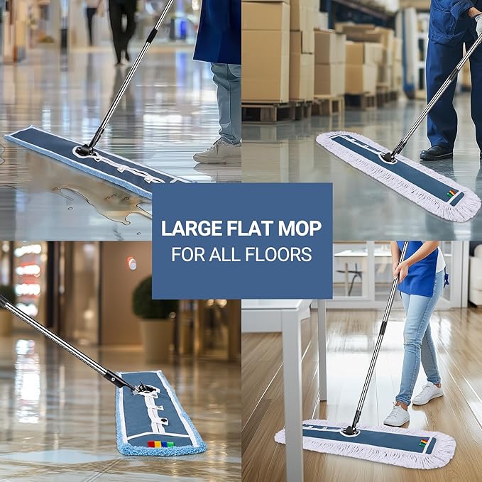 MASTERTOP Industrial Mop, Extra Large Floor Mop with Microfiber & Cotton Pad, Heavy Duty Flat Mops Commercial Dust Mop for Cleaning Office Garage Mall Hotel Home Floors