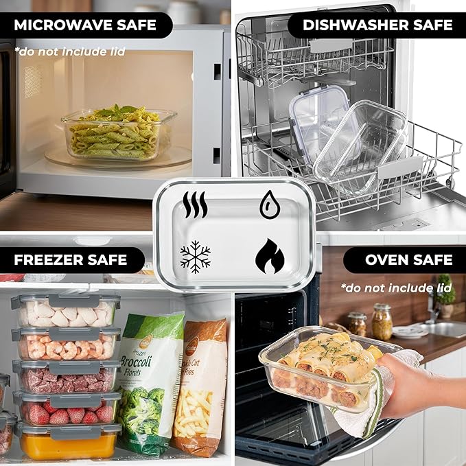 36 oz Glass Food Storage Containers with Lids, Leak-Proof, 5-Piece Set, Gray